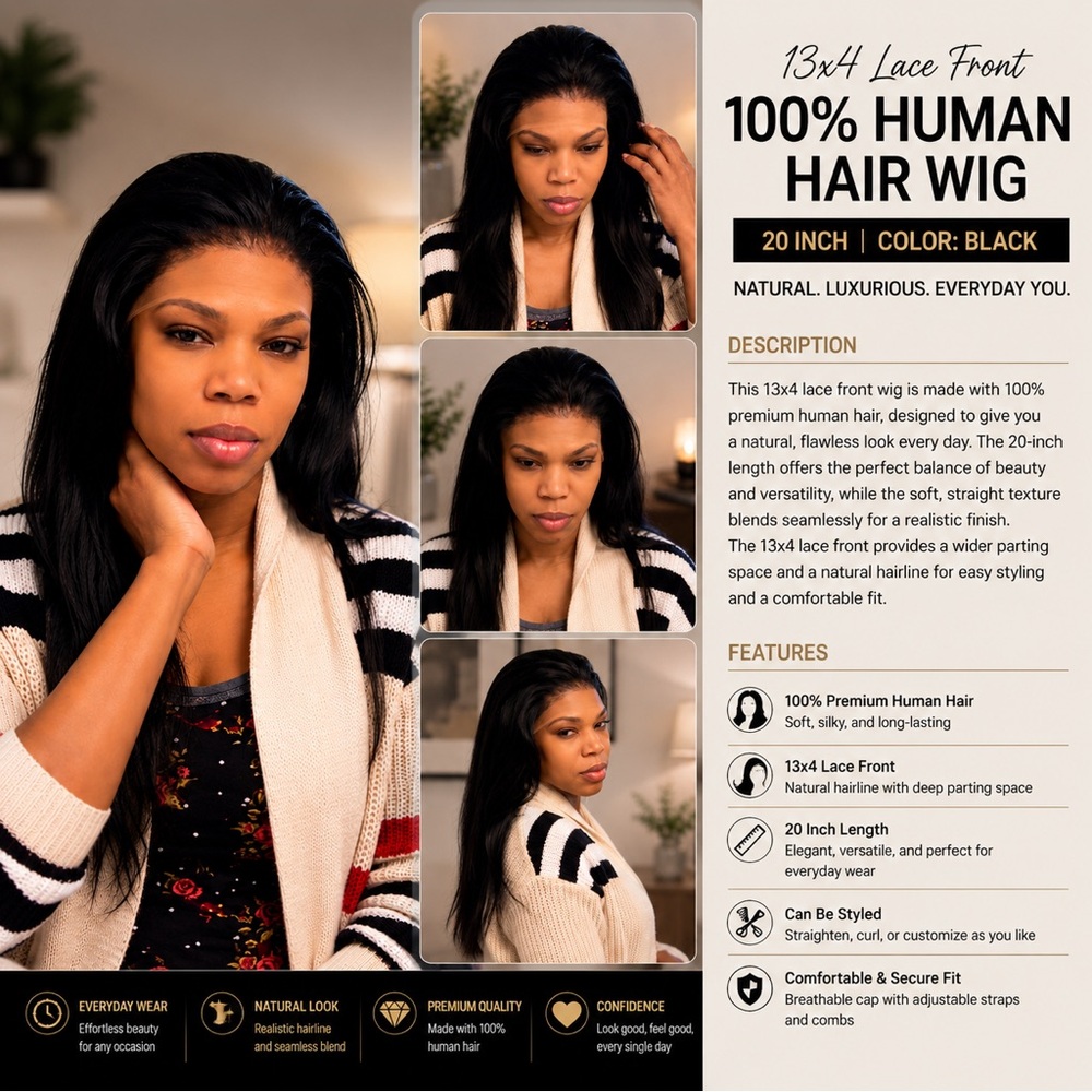 13x4 Lace Front Wig 100% Human Hair Straight 20 Inch Black Natural Everyday Wear